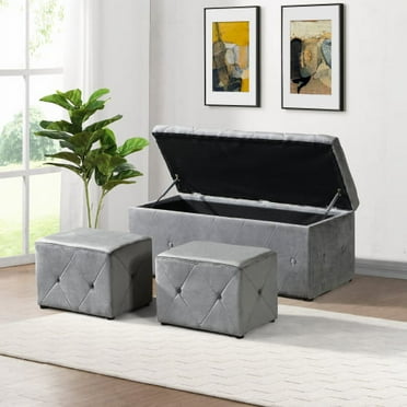 Velvet Rectangular Storage Ottoman 1 Piece with 2 Matching Footstools Set, Light Gray