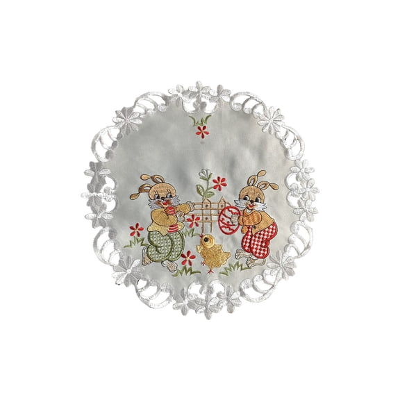 Easter Bunny Doily, Placemat, Decorative Round Embroidered Table Centerpiece, White with Spring Floral Design, 11in