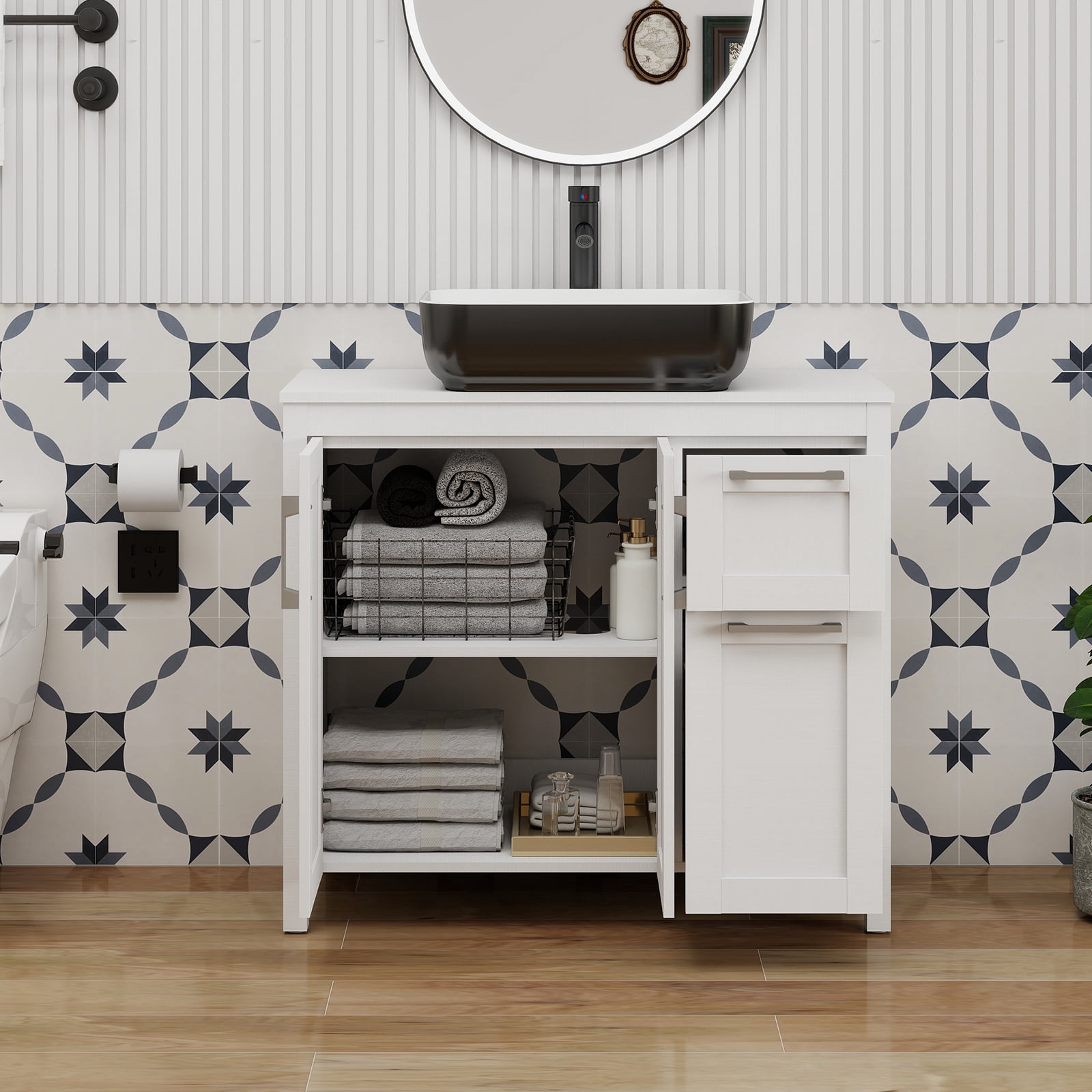 FULLWATT 36 Inches Traditional Bathroom Vanity in White Finish with Square Ceramic Vessel Sink, Single Bathroom Vanity with Top, 2-Door Cabinet and 2 Drawers