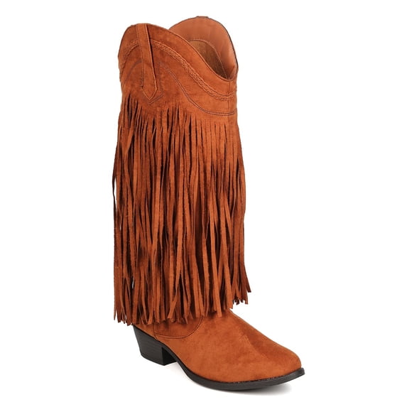 Qupid FB01 Women Faux Suede Knee High Pointy Toe Fringe Cowboy Boot