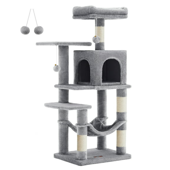 Feandrea Cat Tree, 44.1-Inch Cat Tower for Indoor Cats, Multi-Level Cat Condo with Scratching Posts, Perches, Hammock and Cave, Light Gray UPCT261W01