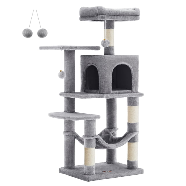 Feandrea Cat Tree, 44.1-Inch Cat Tower for Indoor Cats, Multi-Level Cat Condo with Scratching Posts, Perches, Hammock and Cave, Light Gray UPCT261W01