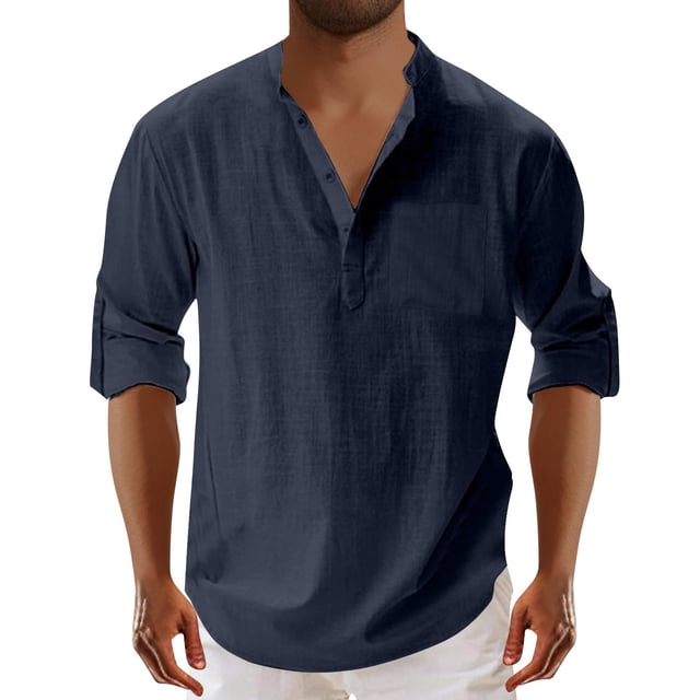 Blusa y camisa de manga larga con cuello alto para hombre, moda masculina, color liso, cuello vuelto, medio cárdigan, camisa informal con botones, blusa de algodón y poliéster para hombre
