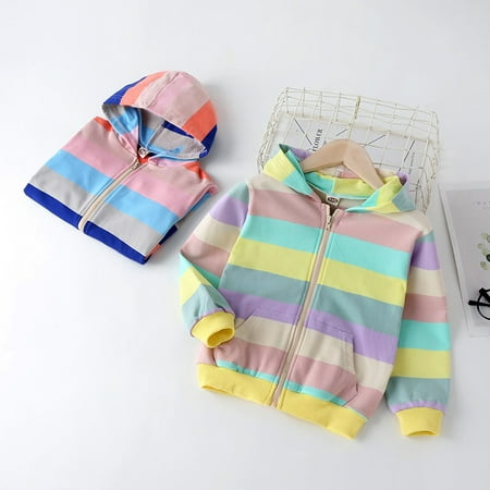 

BULLPIANO Todder Girls Zip Sweatshirts Toddler Rainbow Stripes Jacket Long Sleeve Hooded Shirts Pullover Tops Fall Outwear 2-7T