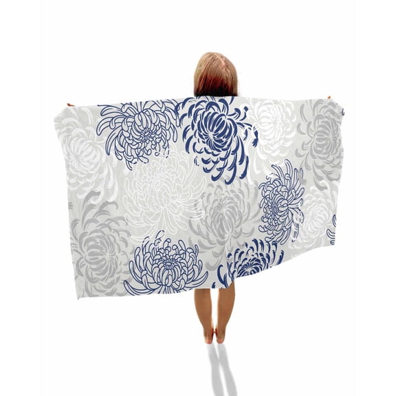 Blue White Beach Towels Oversized Super Absorbent, Abstract Grey Chrysanthemum Flower Floral Lightweight Bath Towel Quick Dry Sets For Bathroom/Pool/Rv Camping/Beach Play/Gym Room/Picnic 35"x70"