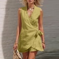 thumbnail image 3 of MLCDZ Cotton Linen Short Sets for Women Summer Outfits Wrap V Neck Sleeveless Top and Wide Leg Loose Shorts Two Piece Sets Business Casual Outfits, 3 of 9
