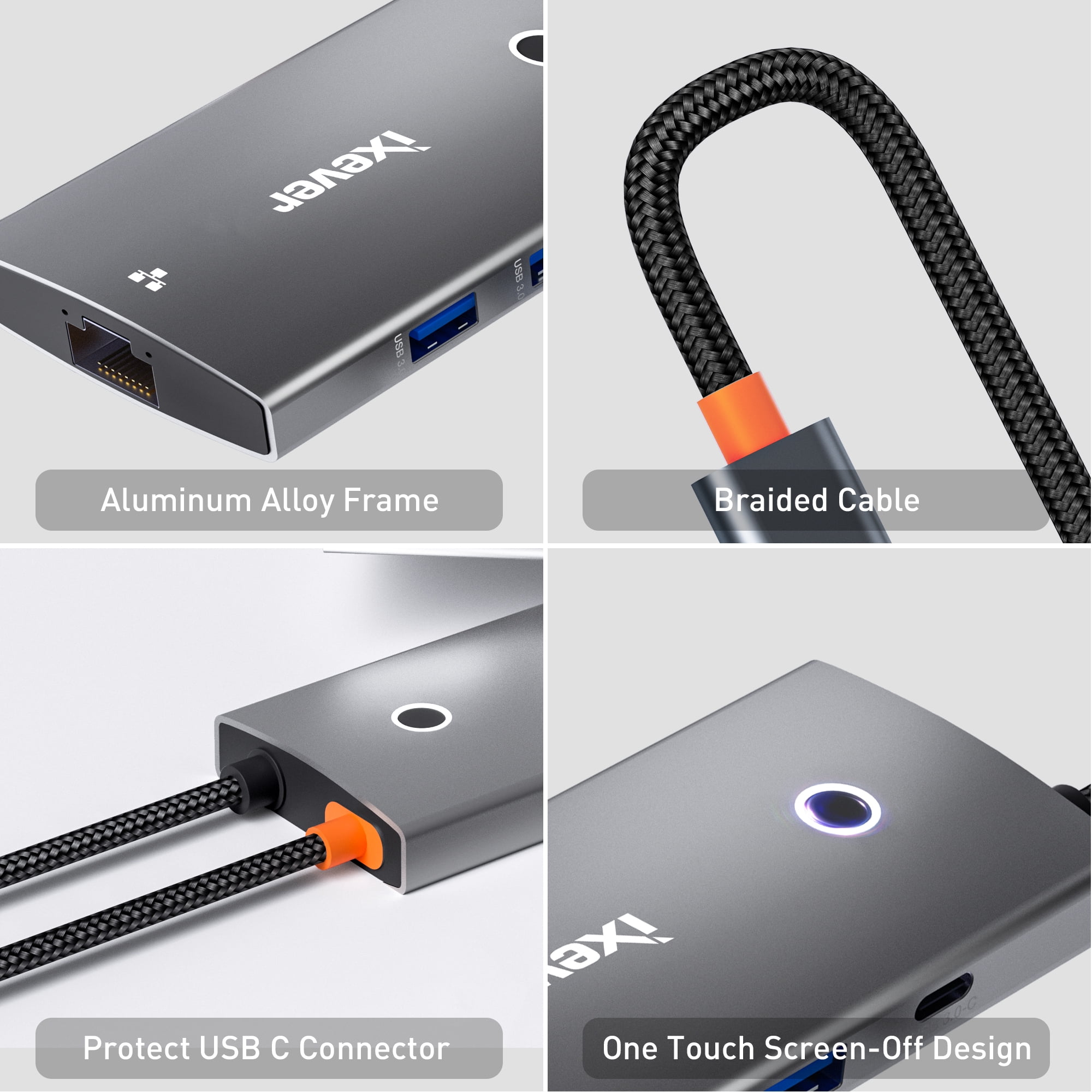 iXever USB Type C HUB Combo Docking Station: HDMI 4K@60Hz, Gigabit Ethernet 1000Mbps RJ45, USB Type C, 2x USB 3.0 5Gbps, PD Charging Port 100W
