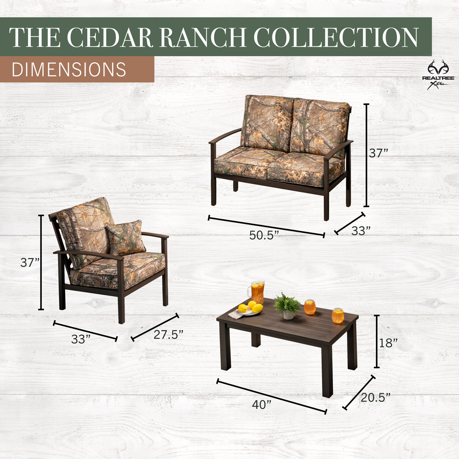 Hanover Cedar Ranch 4-Piece Outdoor Patio Furniture Set, 2 Deep Seating Chairs, Loveseat, and Coffee Table, Thick RealTree Printed Camo Cushions, CDRN - image 4 of 10