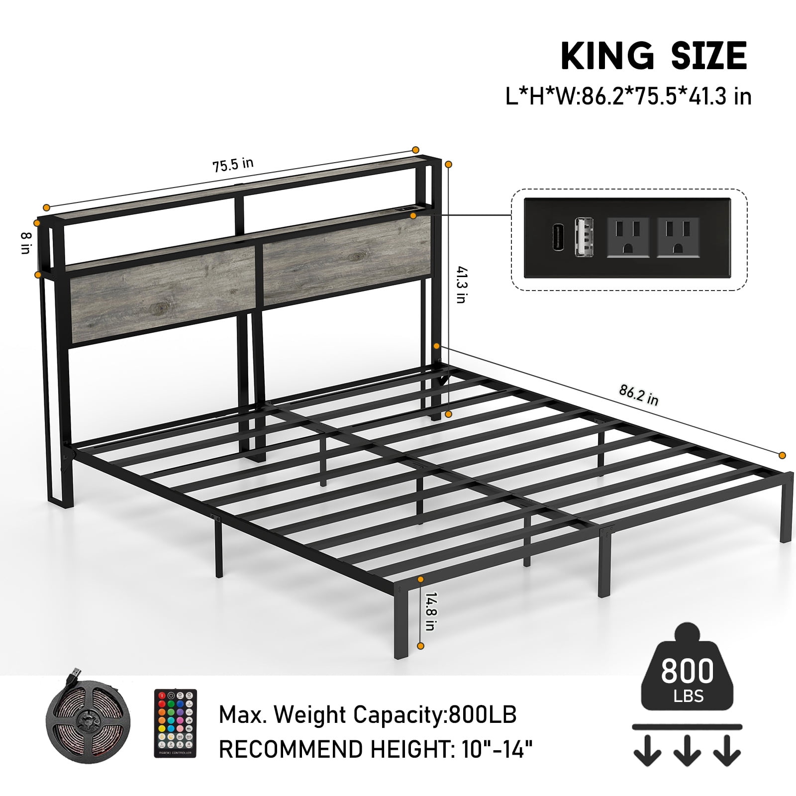 Leumius King Size Bed Frame with Headboard, Platform Bed with RGB LED Light & Charging Station & Under Bed Storage Space, Easy Assembly, Gray