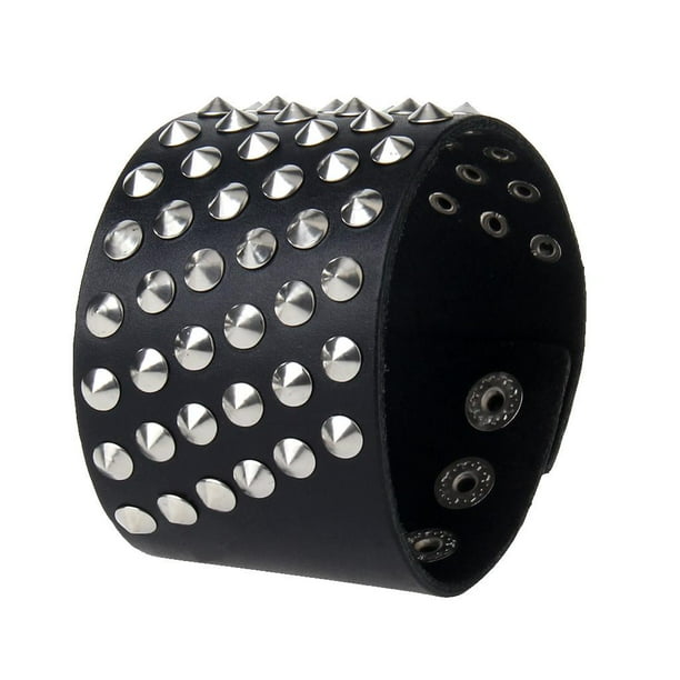 Brazalete punk ancha Yinane de cuero PU con remaches y clavos de metal 6 filas Negro