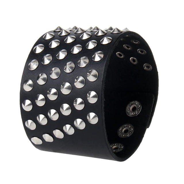 Pulsera de cuero Puño Ancho de 6 Filas de Remaches Espárragos Anchos Perfecl Negro