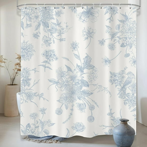 Baby Blue Floral Shower Curtain 72Wx72H Inches Rustic Boho Vintage Blossom Flowers Chinoiserie Retro Bird Farmhouse Cloth Fabric Waterproof Polyester Bathroom Home Decor Set with Hooks