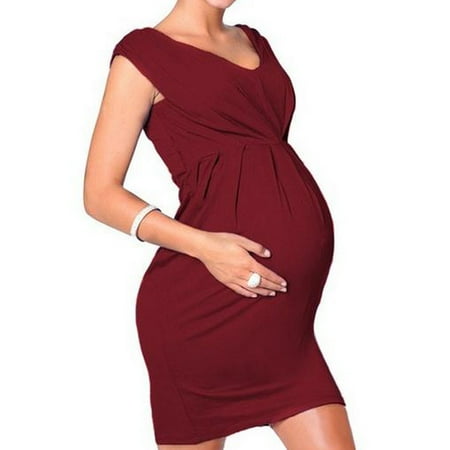 

Suokom Maternity Dress Causal Sweet Pregnant Dress Women Round Neck Sleeveless Bodycon Dress Solid Slim Midi Dress Wine S