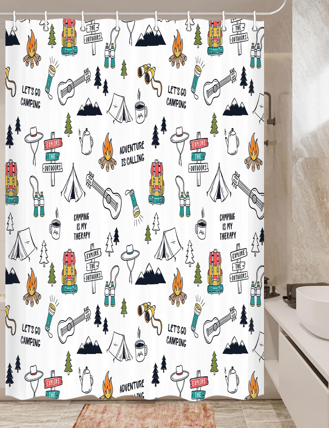 Happy Camper Shower Curtain Retro Rustic Wood Neutral Color For Travel