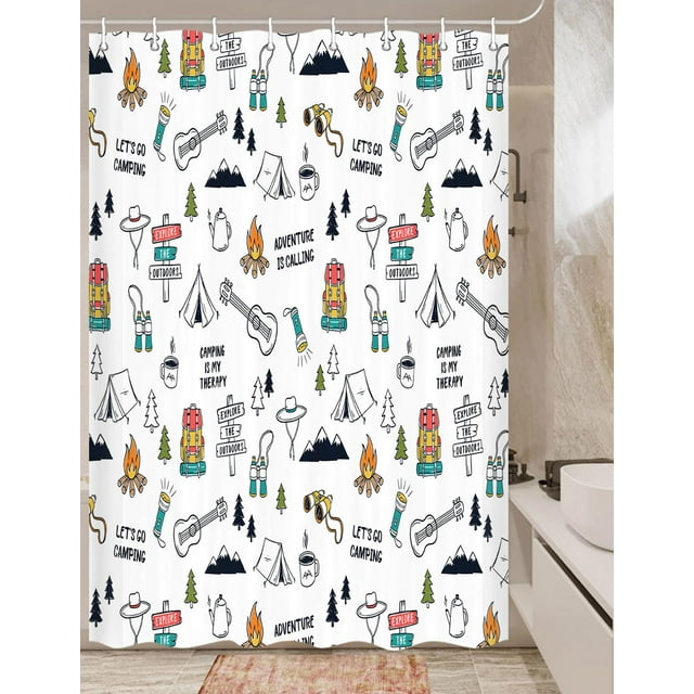 Happy Camper Shower Curtain Retro Rustic Wood Neutral Color For Travel