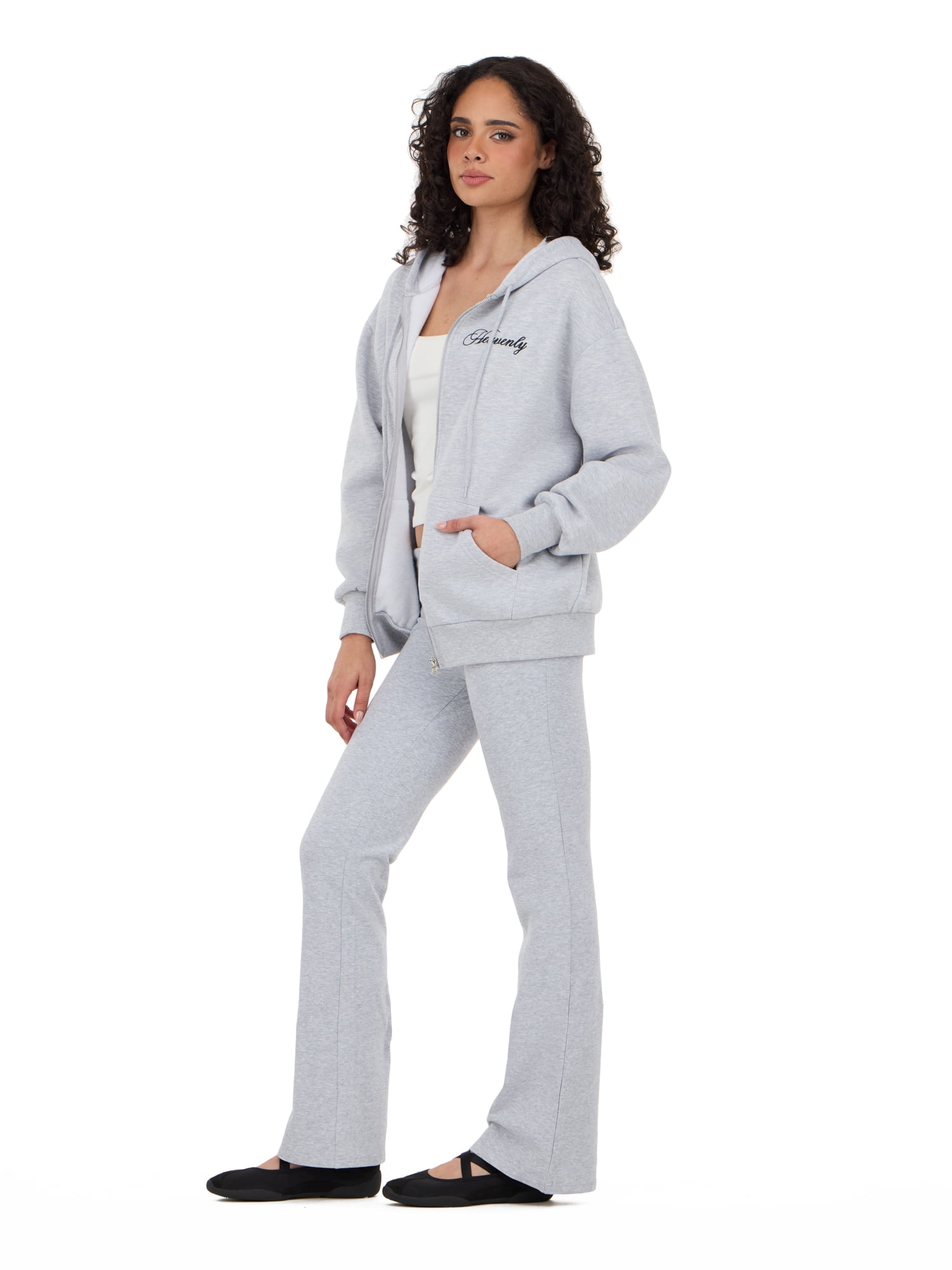 Forever 21 Women's Fleece Zip Up Hoodie with Front and Back Graphic Detail, Relaxed Fit Sweatshirt Jacket, Casual Everyday Layering Style, Grey, XXS-4X