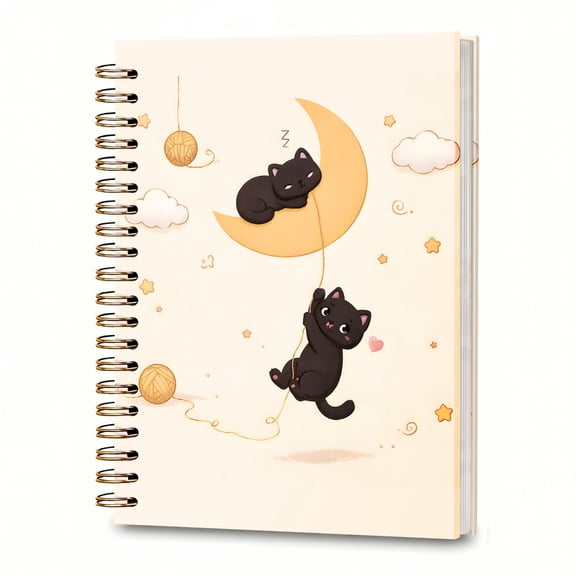 Hardcover Spiral Notebook, Coastal Nautical Sea Journal, 5.5 x 8.3 Inch ,cute cat moon