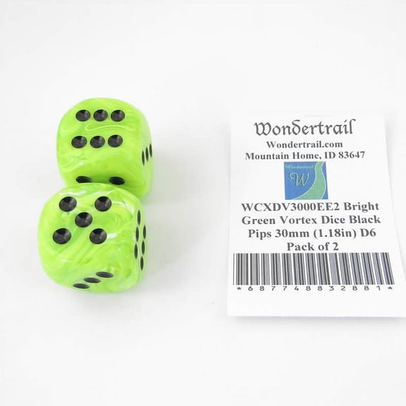 Bright Green Vortex Dice with Black Pips 30mm (1.18in) D6 Pack of 2 Wondertrail