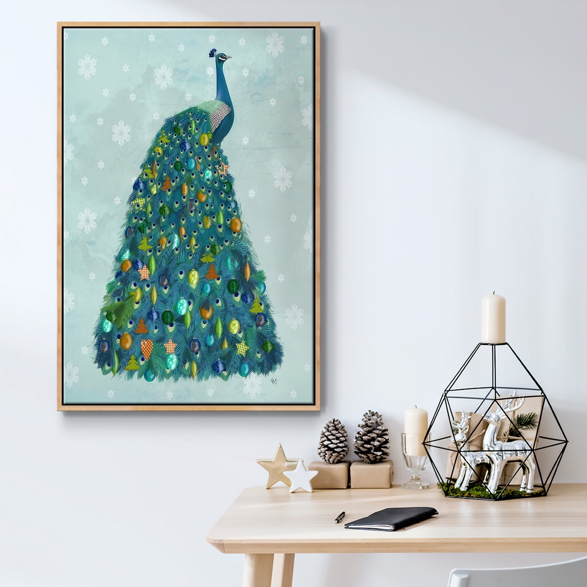 Christmas Peacock Christmas Tree - Framed Gallery Wrapped Holiday Canvas - 27 x 41 - Natural Wood Frame