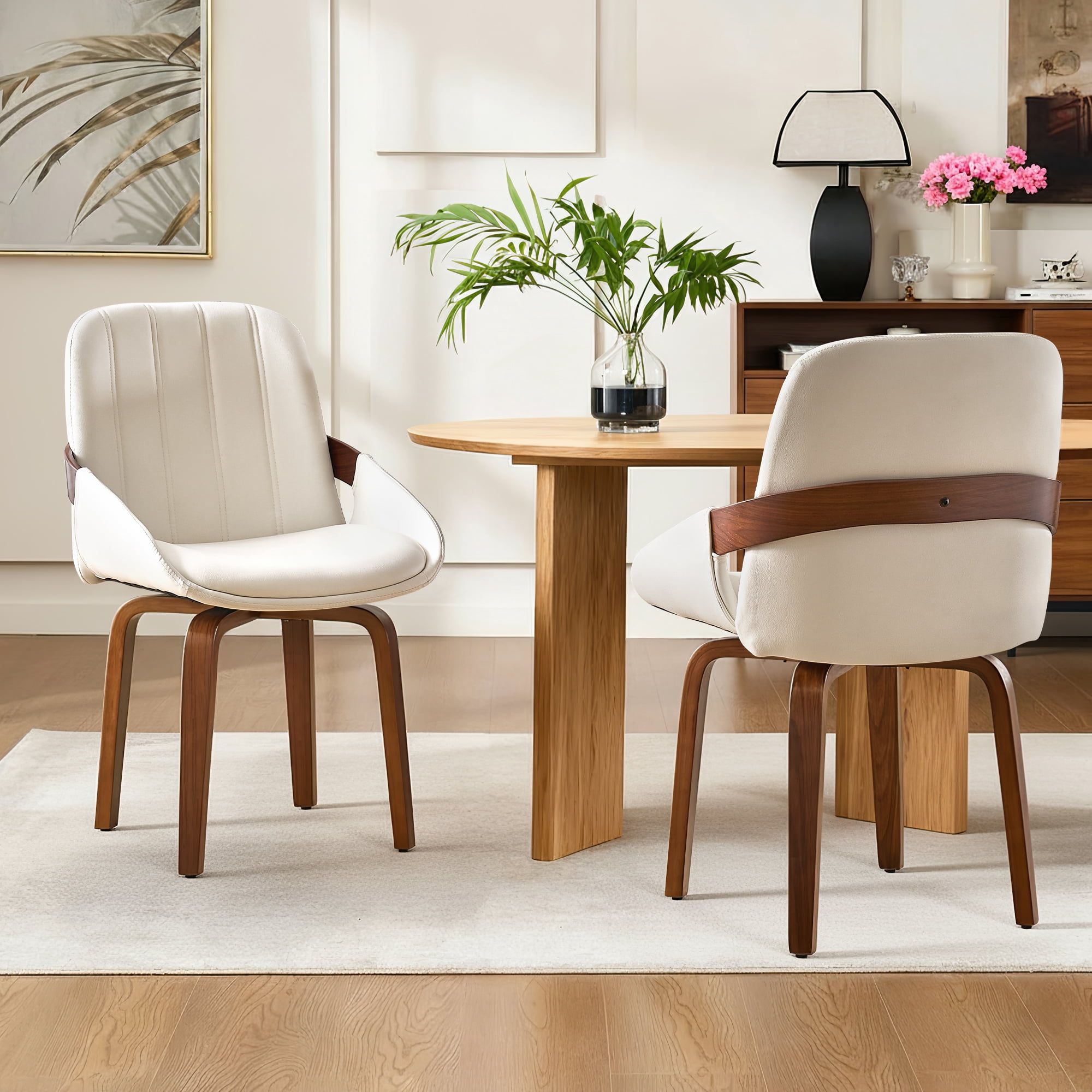 Fahomiss Swivel Dining Chairs Set of 2, Mid-Century Modern White Leather Kitchen Chairs with Bentwood Legs