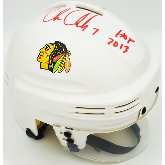 Chris Chelios Autographed Chicago Blackhawks White Mini Helmet "HOF 2013" Beckett BAS Witness 232838