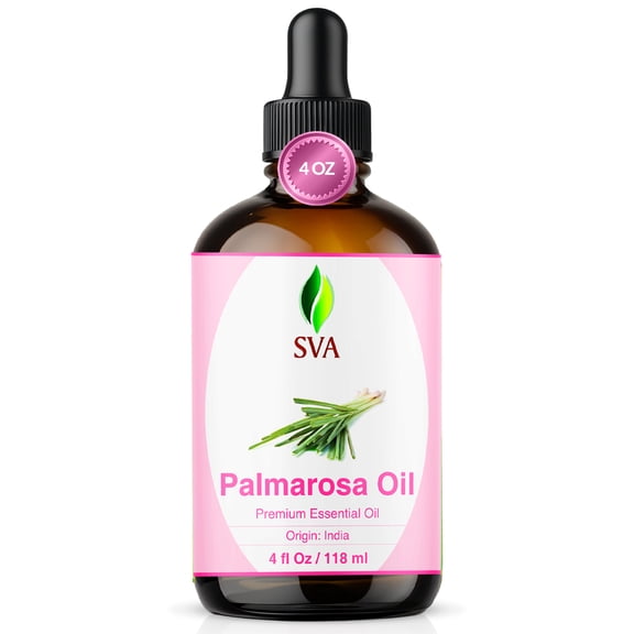SVA Palmarosa Essential Oil – 4 Fl Oz – 100% Natural Palmarosa Oil - for Diffuser, Hair Care, Face, Skin Care, Aromatherapy, Scalp and Body Massage, Soap and Candle Making – with Dropper