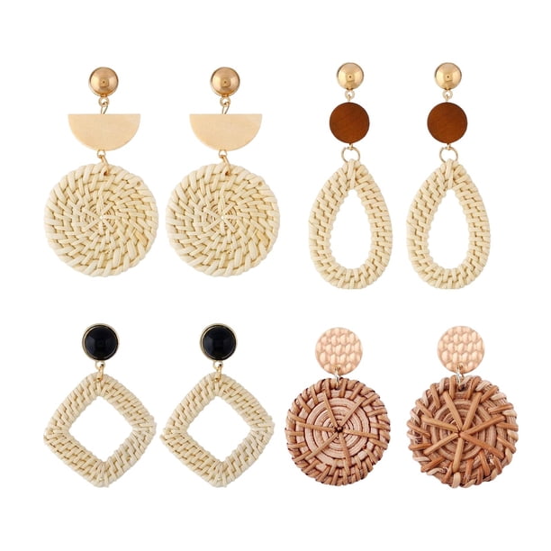 4 pares de pendientes de ratán con tejido bohemio para mujeres y niñas. de color oscuro