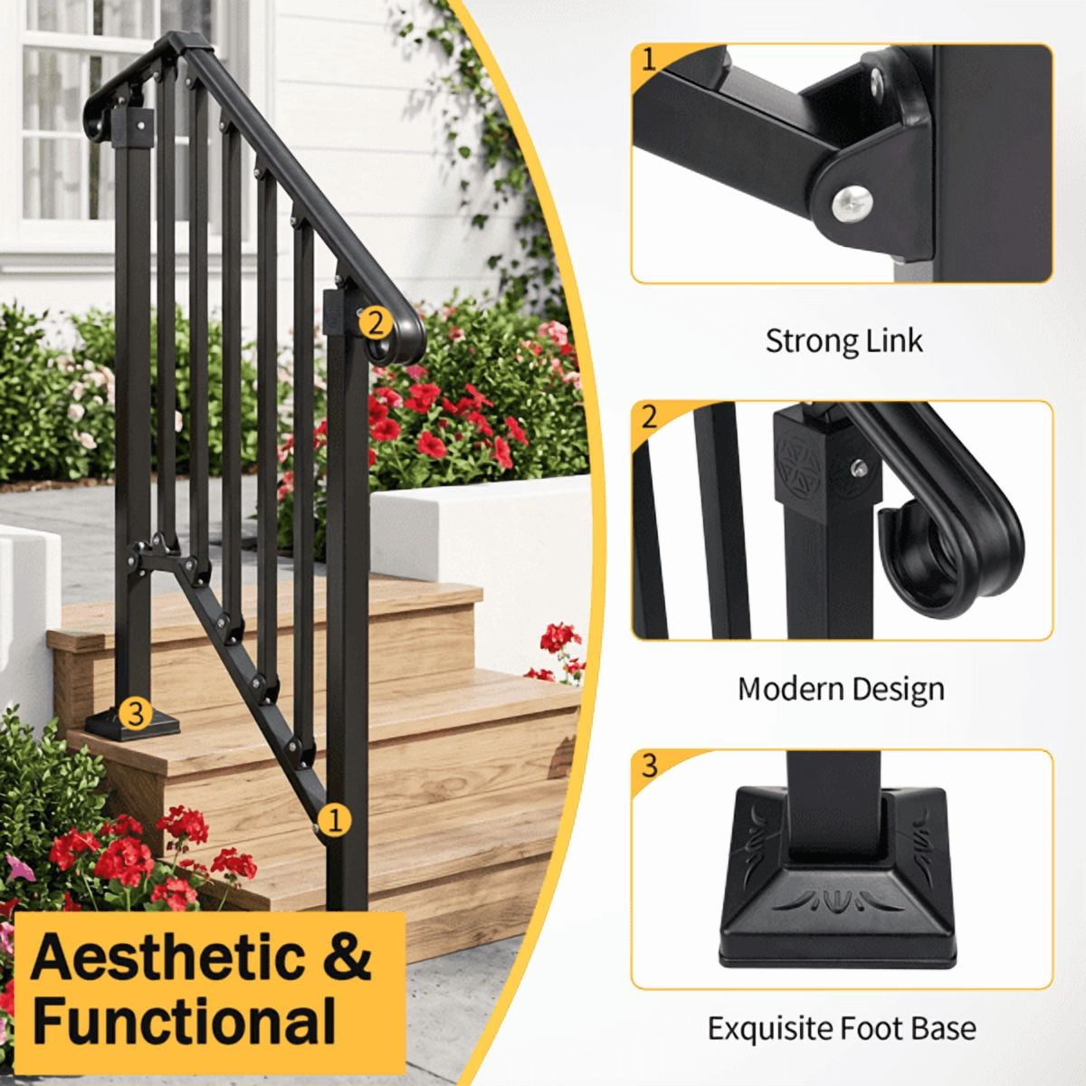 2‑Tier ABS Plastic Handrail for Patio Courtyard Stairs, Matte Black