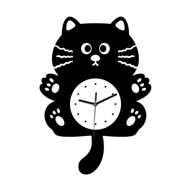 Reloj de pared con forma de gato, silencioso, multifuncional, colgante, decorativo, creativo, para niños. negro