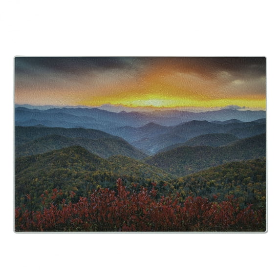 Appalachian Cutting Board, Fascinating Panoramic Photo of Picturesque Sunset in Blue Ridge Parkway, Decorative Tempered Glass Cutting and Serving Board, in 3 Sizes, by Ambesonne