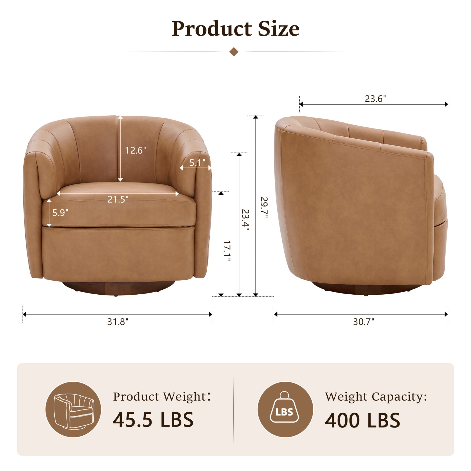 Leumius PU Leather Swivel Accent Chair, Upholstered Armchair with Solid Wood Base,Comfy Reading Chair With Curved Thickened Backrest,Camel PU
