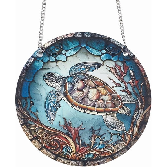 Turtle Suncatcher Stained Window Hangings Acrylic Window Panel Glass Decor Art Round Sun Catcher with Iron Chain for Hangings Garden Ornament Gift 6x6Inch Colorful DIY