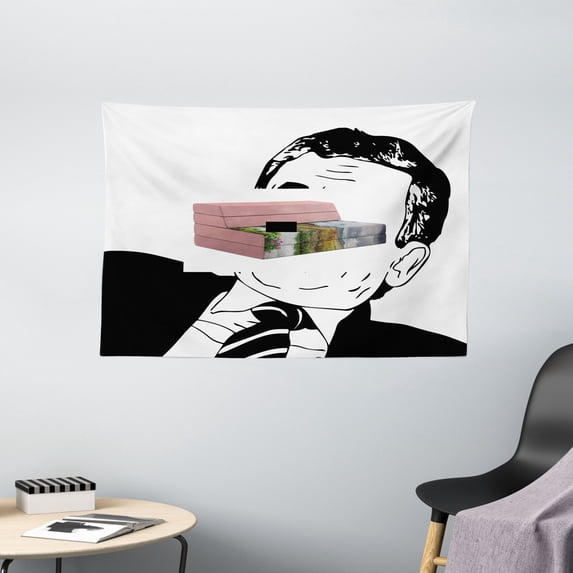 Humor Decor Tapestry, Reaction Guy Human Rage Comics Man with Moustache in Suits Gesture Artwork, Wall Hanging for Bedroom Living Room Dorm Decor, 60W X 40L Inches, Black White, by Ambesonne