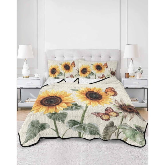 Quilts Twin Size, Yellow Sunflowers Soft Comforter Bedding Set for Bed, Floral in Blooms Pastoral Plants Lightweight Quilted Bedspread with Pillow Cover(2 Pieces) for All Season, 68x86 Inch