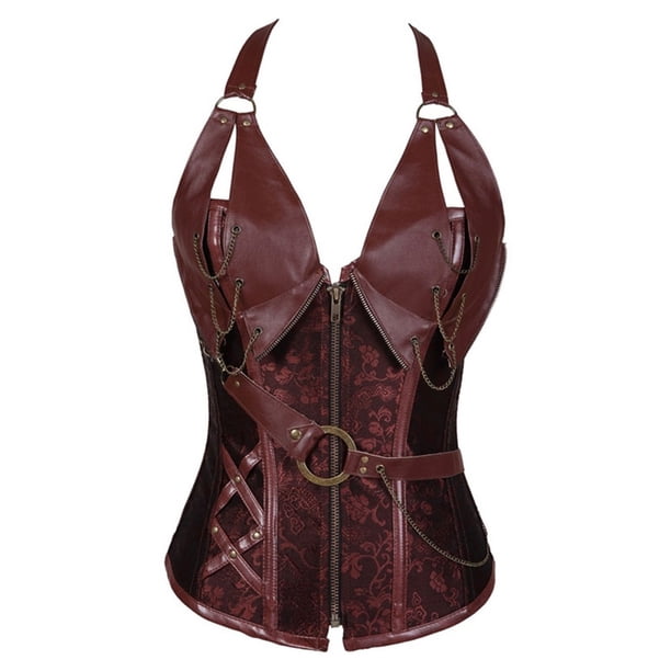 Corsé de cuero punk de hueso de acero Vintage 14 con cinturón colgante para mujer, ropa moldeadora de cuello, a la moda