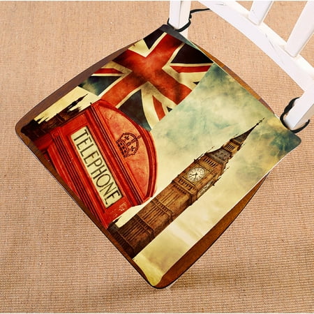 

PHFZK Symbols of England Chair Pad Vintage Retro the UK Flag London Big Ben and Red Telephone Seat Cushion Chair Cushion Floor Cushion Two Sides Size 18x18 inches
