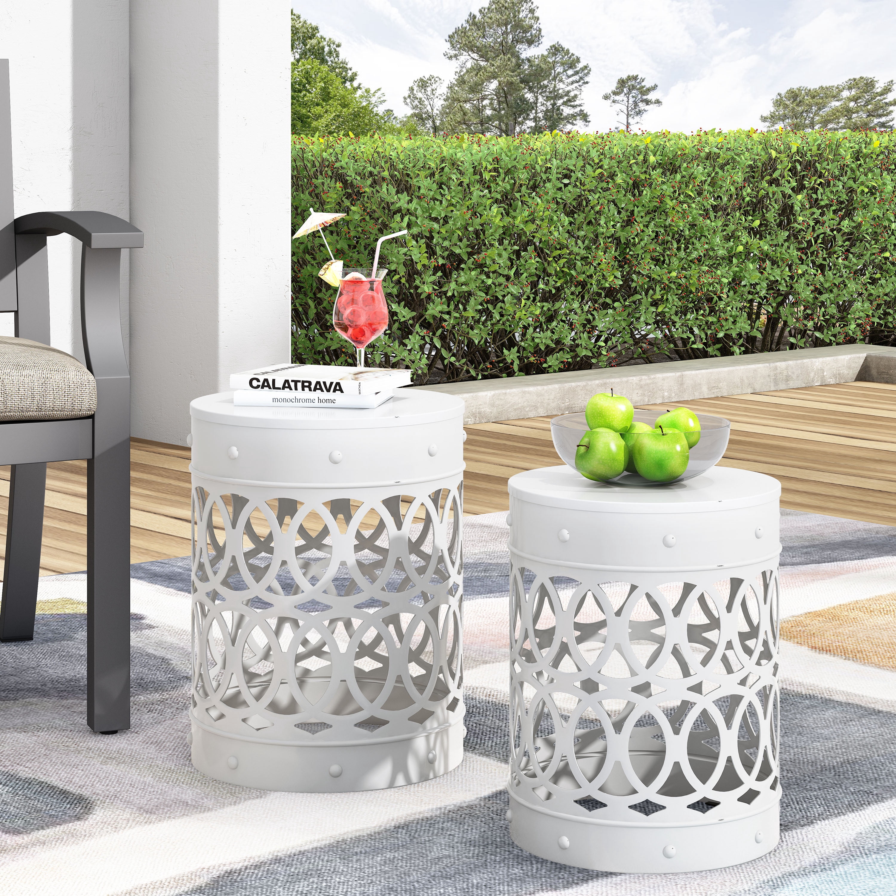 Mintazer Outdoor Side Table Set of 2, Modern Iron Cut PatioTable with Overlapping Circle Pattern, White