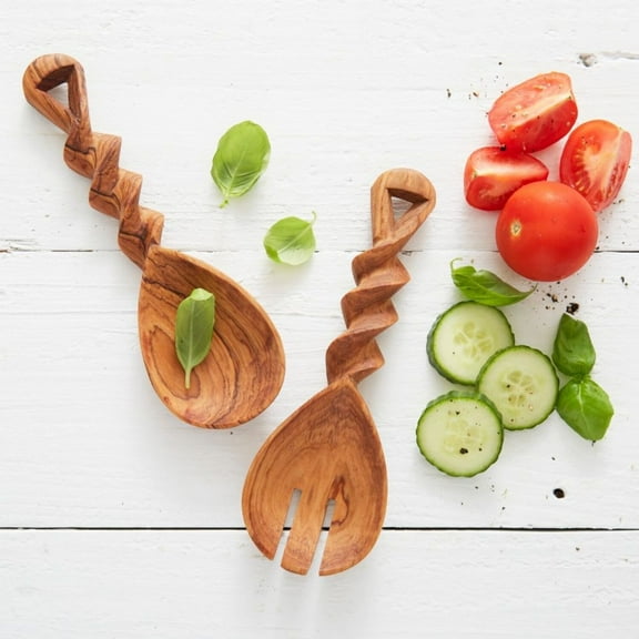 Short Wood Spiral Salad Server Set
