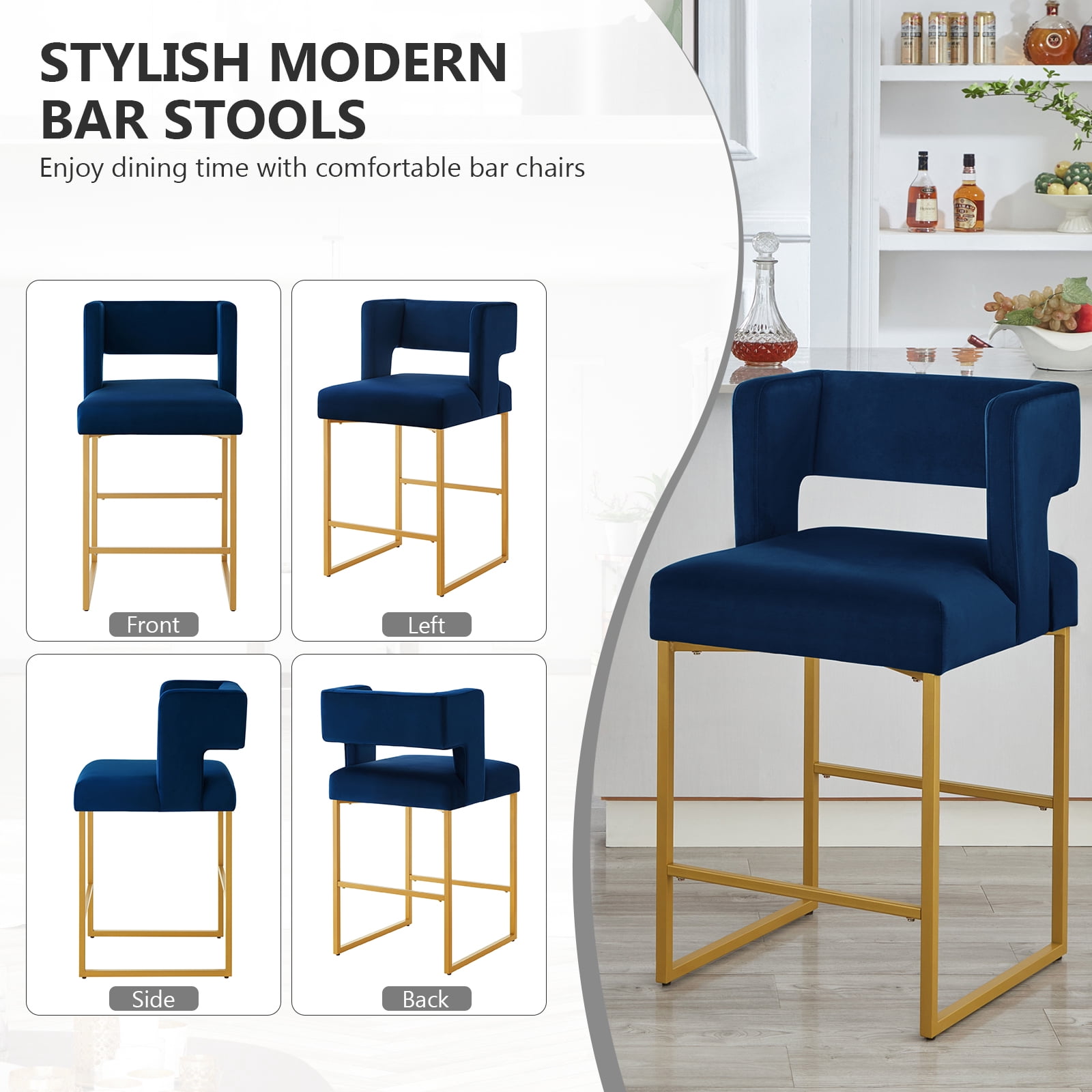 Lecut 26" H Counter Height Bar Stools Set of 2, Modern Velvet Bar Stools with Square Open Backrest and Gold Metal Frame, Kitchen Counter Stools for Island, Home Bar, Pub,Blue+Gold