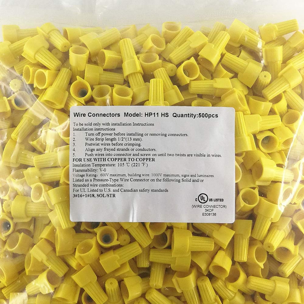 Twist Type Wire Connector Wire Nuts AWG 18-10 Winged UL Listed Yellow 500 pcs.