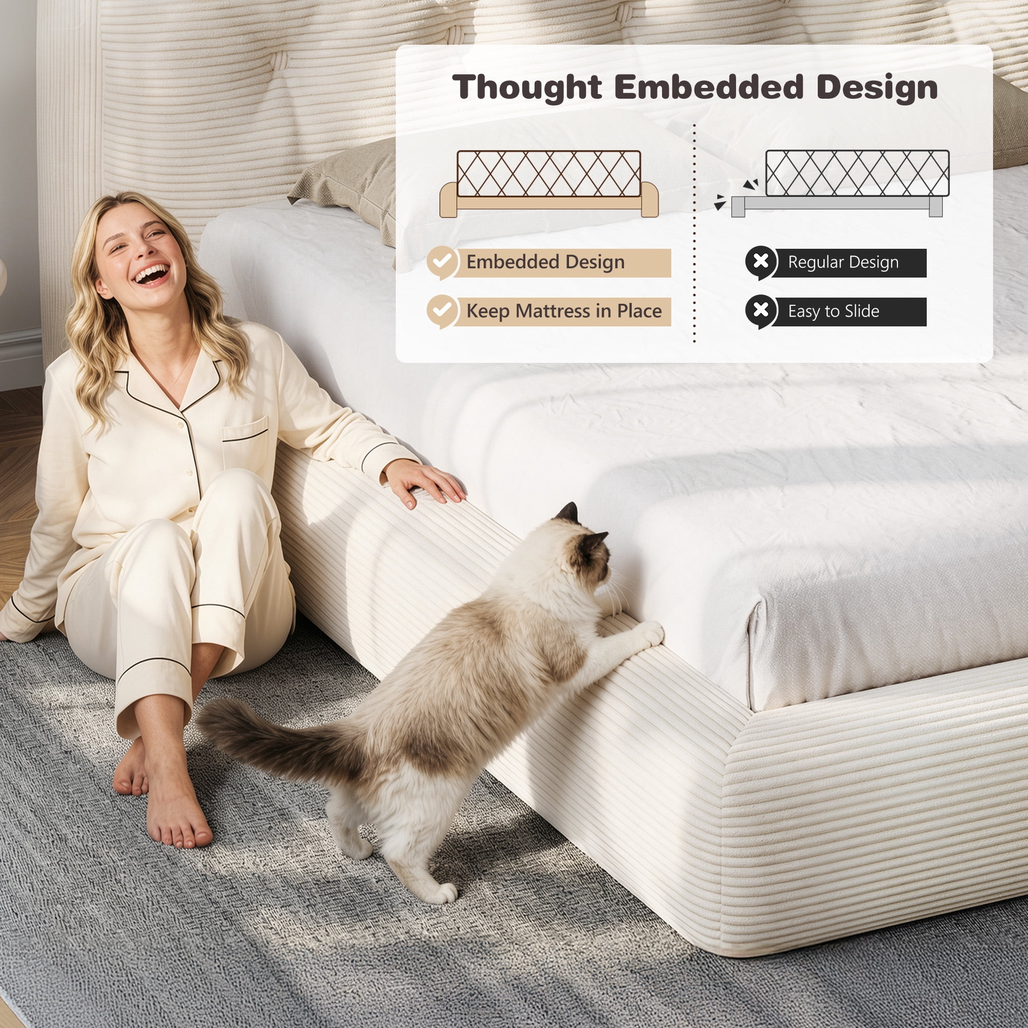 EnHomee Cloud Bed Frame Queen Size Boucle Platform Bed Frame with Button Design  Upholstered  Headboard & Round Corner & Extra Pillow,Beige