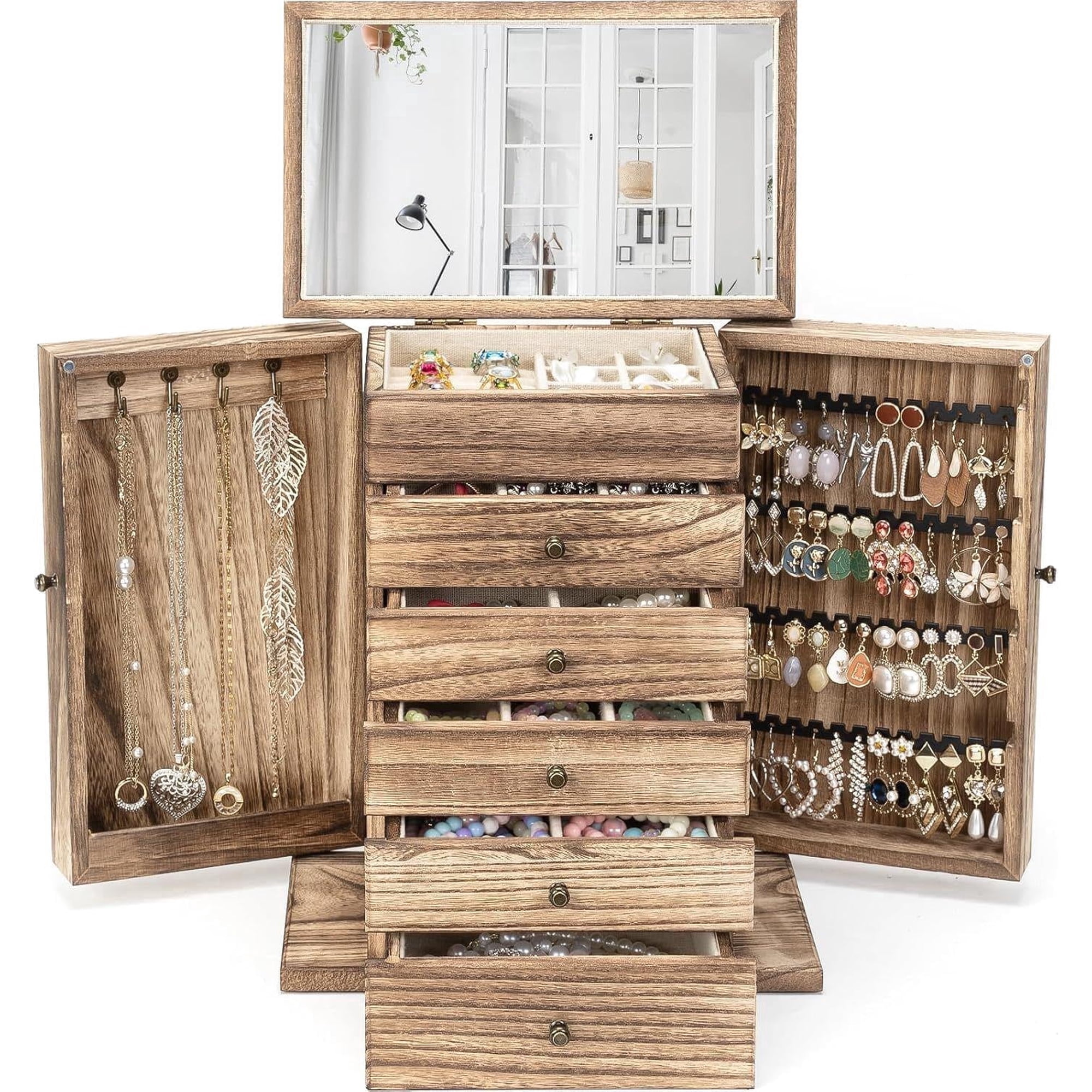 Dinmligt Jewelry Box for Women, 6-Tier Large Jewelry Organizer Boxes with Mirror, Rustic Solid Wood jewlery Storage Display for Rings Earrings Necklaces Bracelets