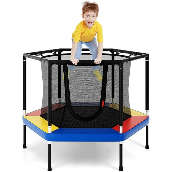ETHFRF 48" Kids Trampoline, Outdoor Indoor Mini Recreational Round Trampoline w/Safety Enclosure Net, Foam Padded Handrails, Stable Hexagonal Shape Toddler Trampolines for Kids Gift