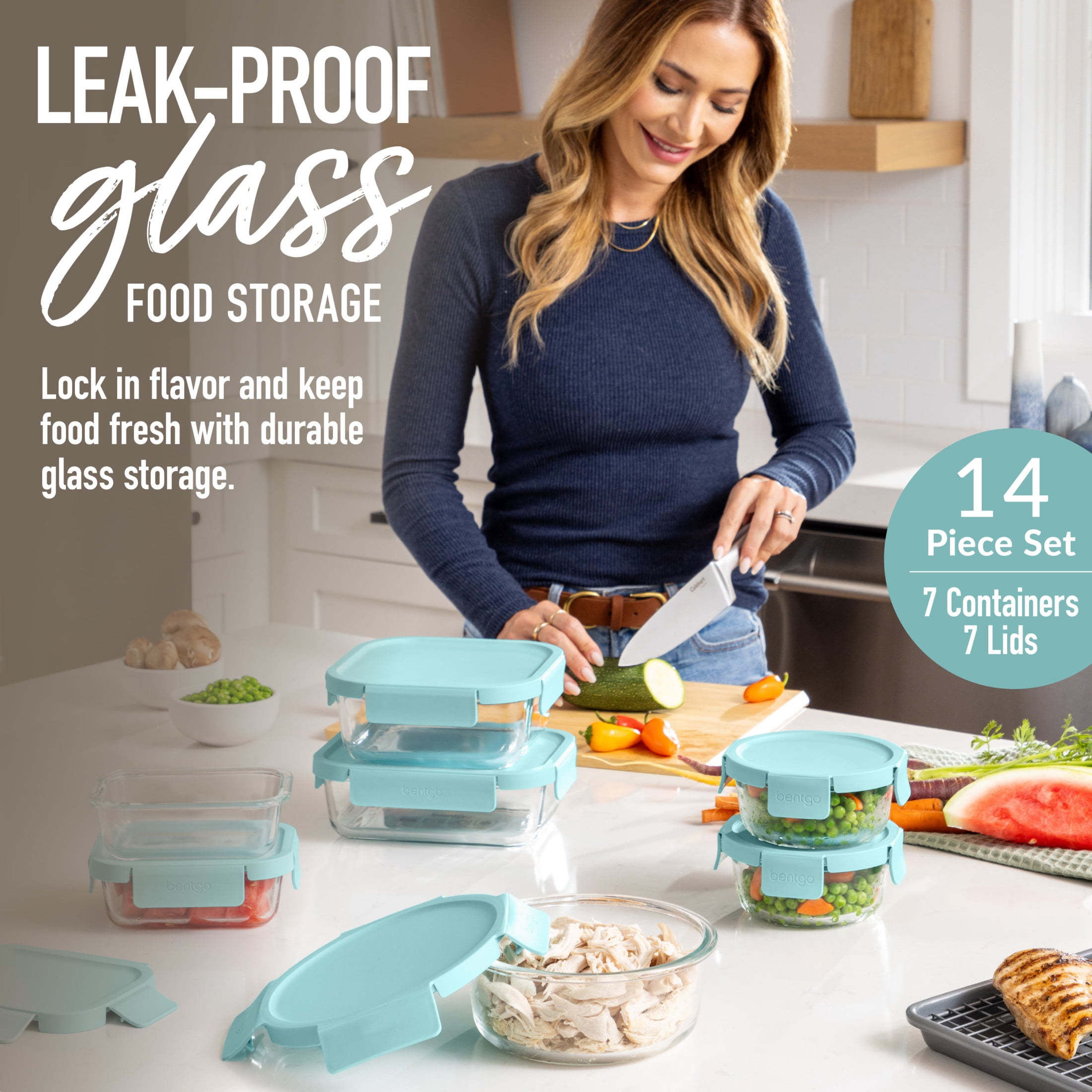 Bentgo Glass Leak-Proof Food Storage Set - 14-Piece Glass Containers with BPA-Free Airtight Lids, Reusable & Durable for Leftovers & Meal Prep - Microwave, Freezer, Oven & Dishwasher Safe (Soft Aqua)