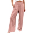 thumbnail image 2 of Wide Leg Linen Pants Women Summer High Waisted Boho Beach Flowy Pant Casual Vacation Outfits Elastic Lounge Trousers Pink 3XL, 2 of 5