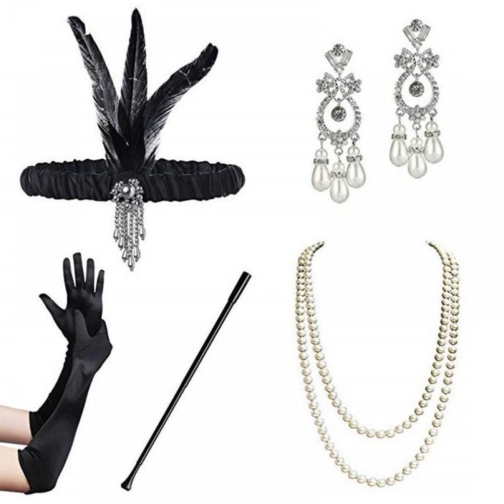Women's Pearl Earring Feather Headband 5pcs Set Gloves Necklace Flapper Cigarett