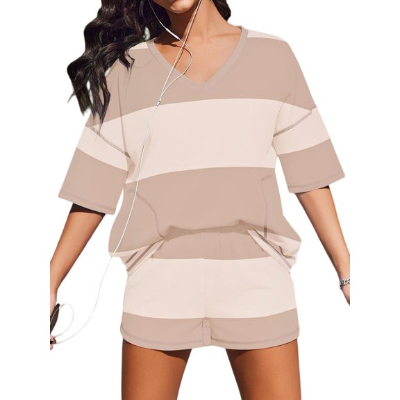 Women'S Two Piece Sets Summer Lounge Sets Striped Shirts and Shorts Set Oversized Matching Outfit Color S