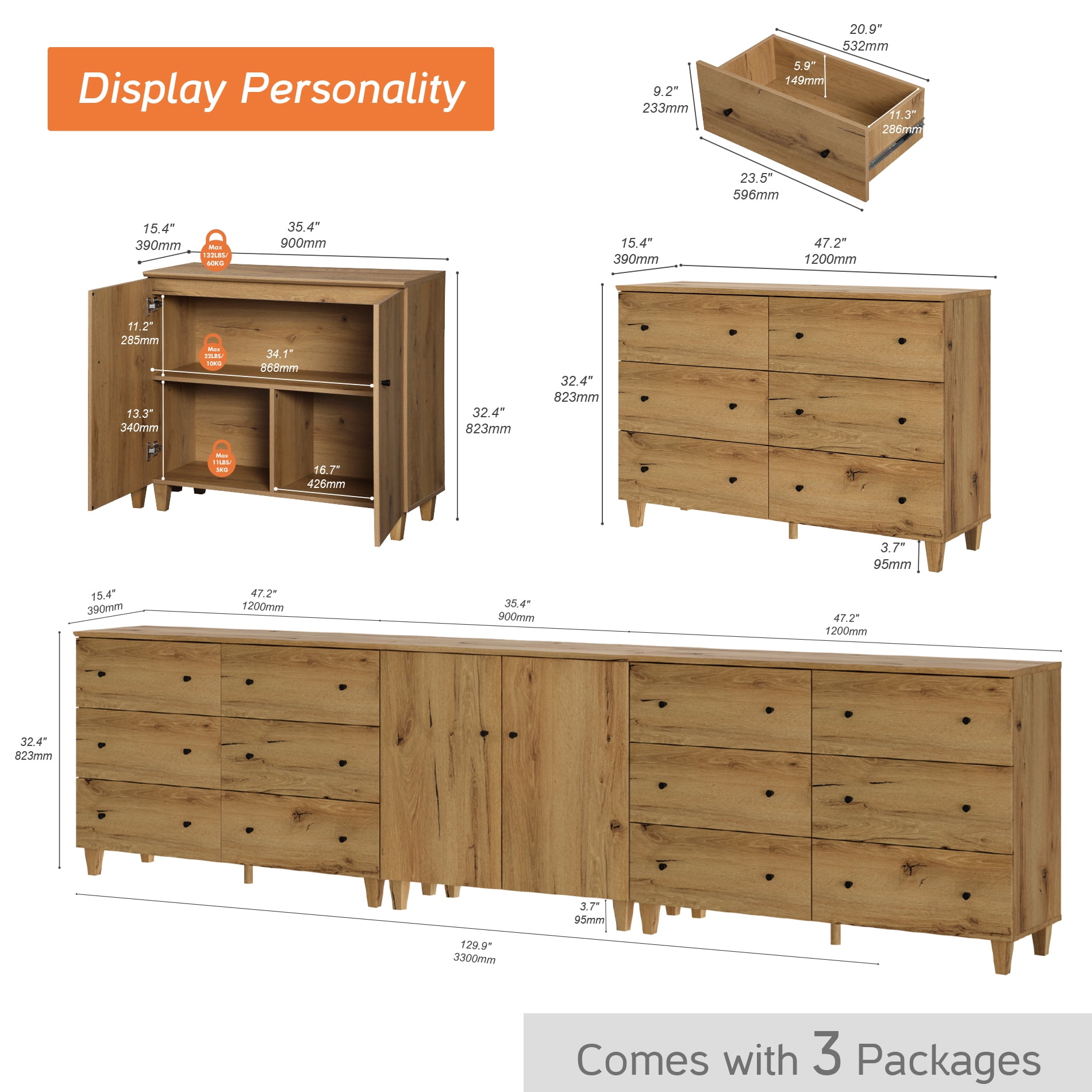 WAMPAT Wood Dresser with 12 Drawers and 1 Cabinet for Bedroom, Modern Chest of Drawer, 130" Wide, Oak Brown Wood Finish
