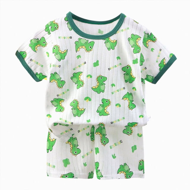 COMVALUE Ensemble de Pyjama pour Tout-Petit à Imprimé d'Animaux Mignons Dinosaures, Manches Courtes, Col Ras du Cou, Tenue Assortie en Coton pour Bébé (Vert Pâle, 3-4 Ans)