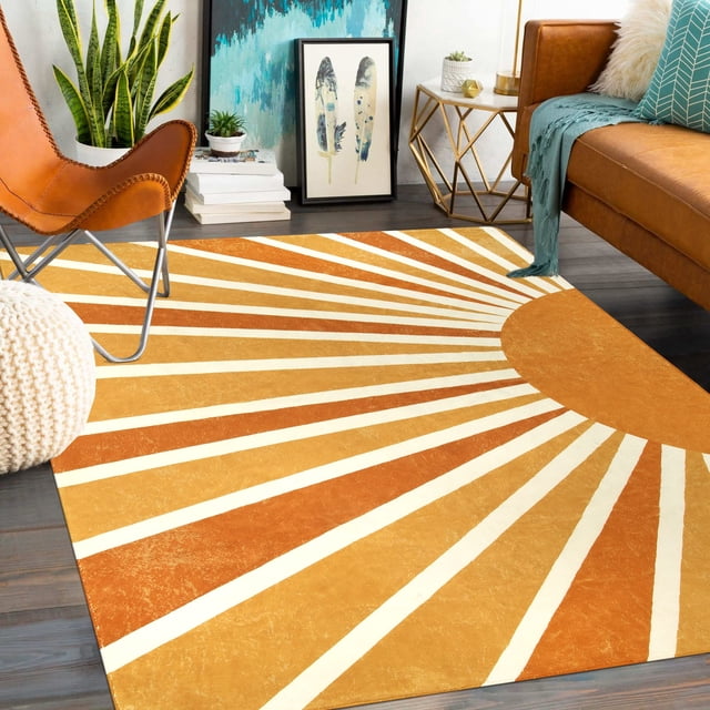 Lahome Boho Area Rug: 5'x7' Machine Washable & Non-Slip with Rainbow Sun Print for Living Room, Bedroom, Nursery, Entryway, Dining Room & Office Decor